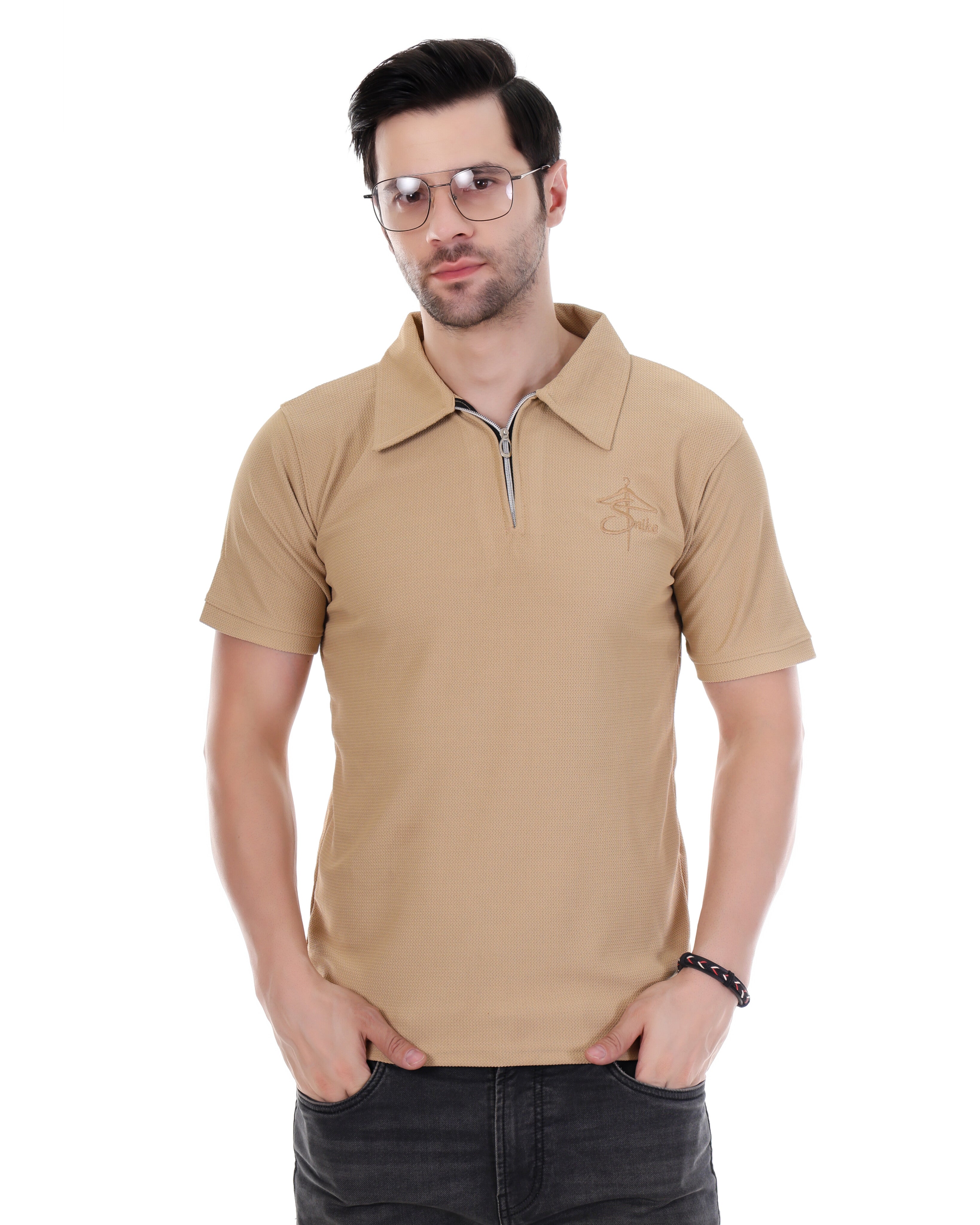 Men's Beige Half Sleeve Polo T-Shirt with Zip Neck